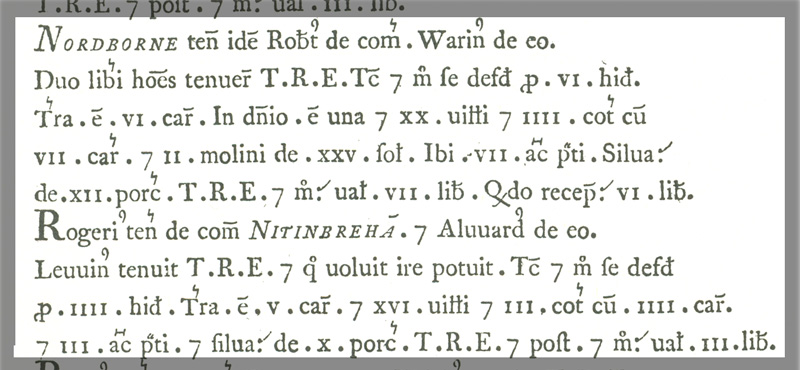 The original entry for Nutbourne ('Nordborne') and Nyetimber ('Nitinbreha') from the Domesday BookFrom the original Domesday Book. Click the picture to reveal the full page of the entry in a new browser window.
