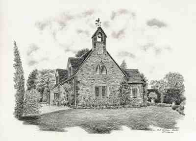 A pen and ink drawing of the Old School House from 1989
