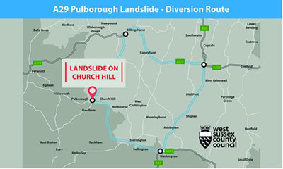 The official diversion, which required drivers to go between 23 and 28 miles to get round a landslip blocking a small section of the A29 Church Hill, Pulborough, West Sussex. Whatever the plan at the outset, far from applying only for a few days or a couple of weeks, repairs reached an impasse that last for almost eighteen months, and only local protests had forced a work around with traffic lights controlling alternate North and Southbound drivers around the obstruction, with the diversion still recommended on line to avoid the queues at the lights at peak times.